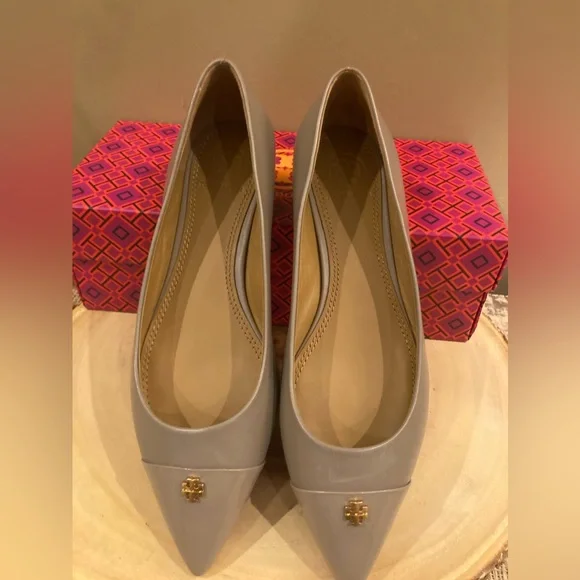 Tory Burch Everly Pointed Patent Toe Flat Shoe Leather French Grey Sz-7.5 New ￼